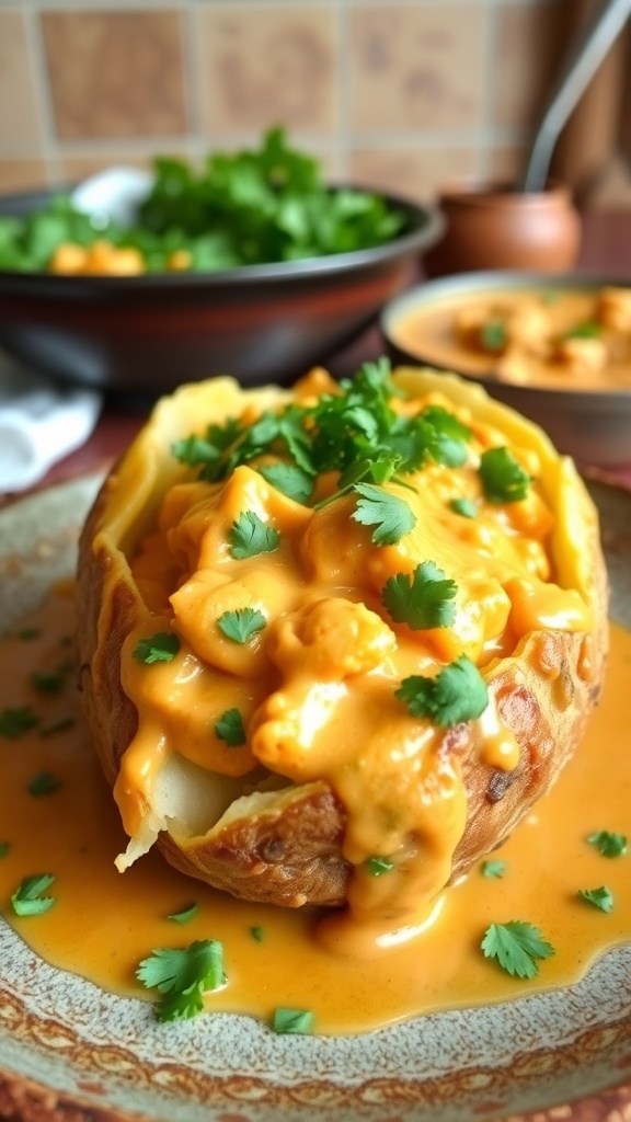 A baked potato filled with butter chicken sauce, garnished with cilantro, on a rustic plate.